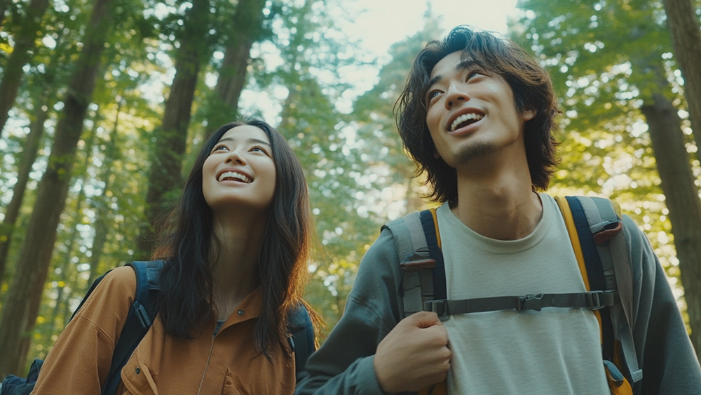 森を歩く男女