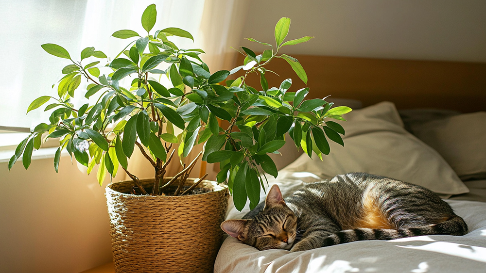 シェフレラと眠っている猫