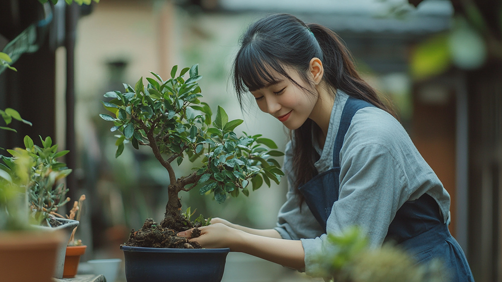 ガジュマルを植え替えしている女性の様子