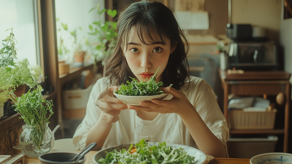 ルッコラのサラダを食べている女性