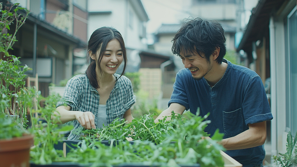 ルッコラを収穫する夫婦