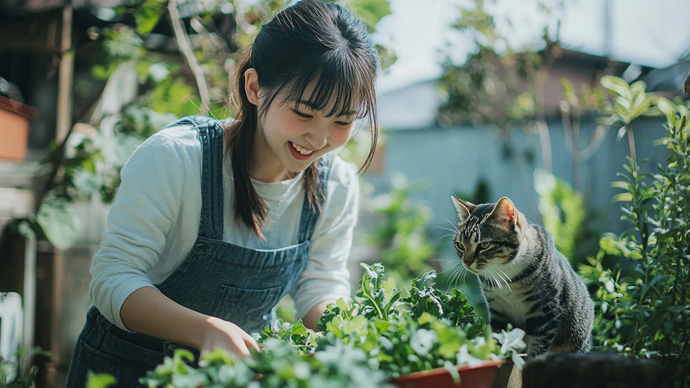 ルッコラを収穫する女性と猫