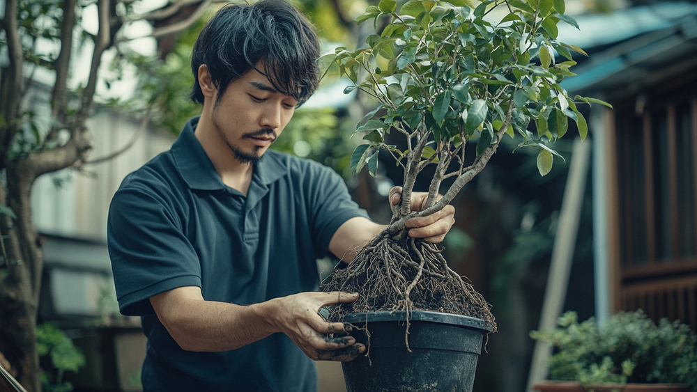 ガジュマルを鉢から植え替えのために出して土を取っている男性