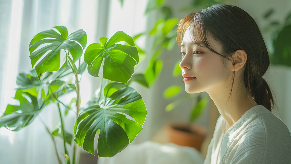 水耕栽培の観葉植物を観察している女性
