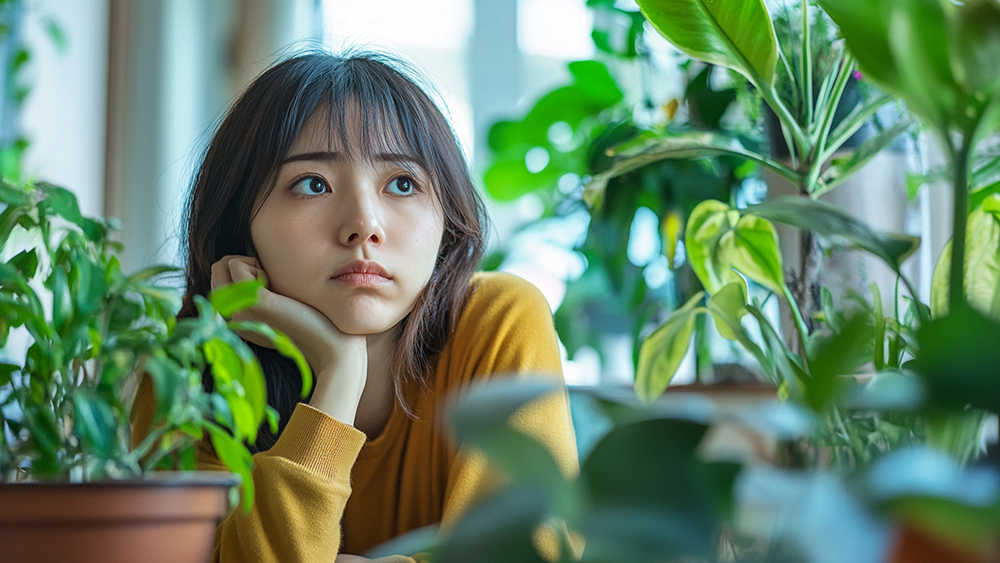 観葉植物のアレンジができなくて退屈な女性