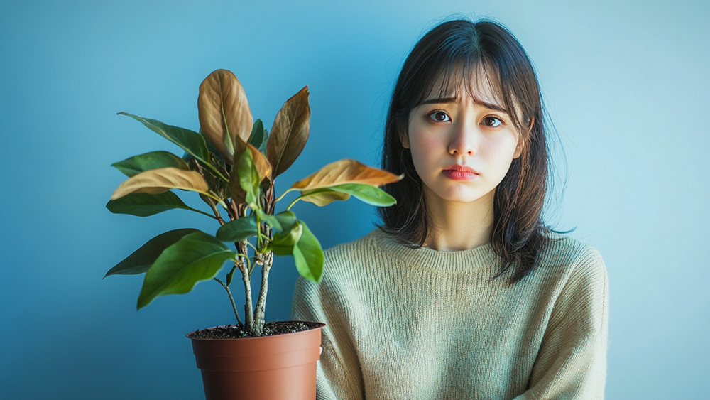 水やりを忘れて枯らしてしまった観葉植物を持つ女性