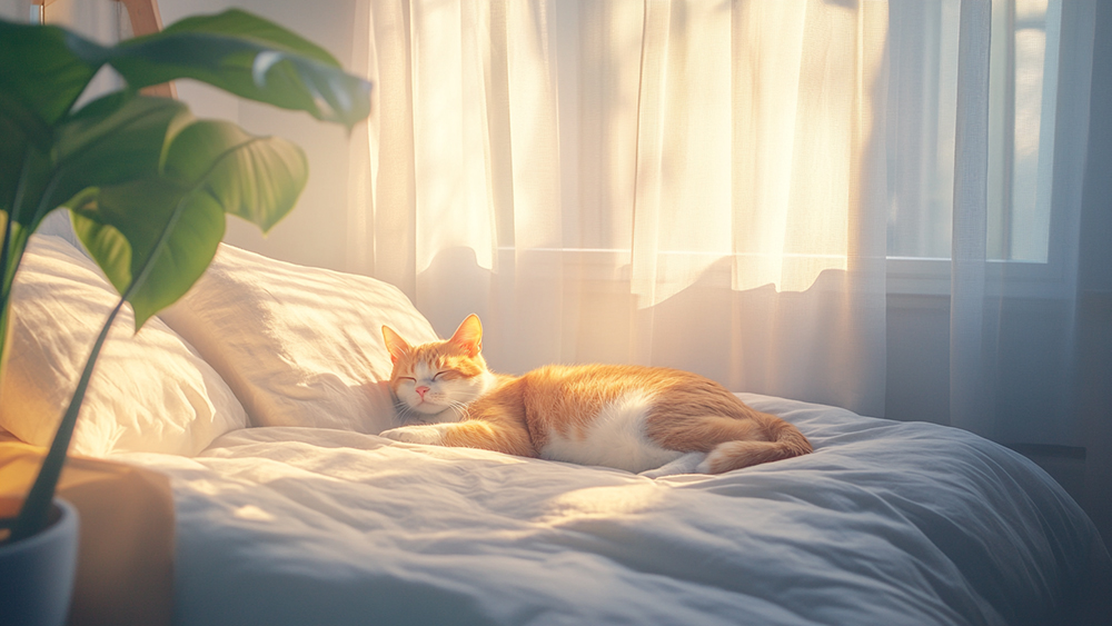 寝室で眠る猫と観葉植物