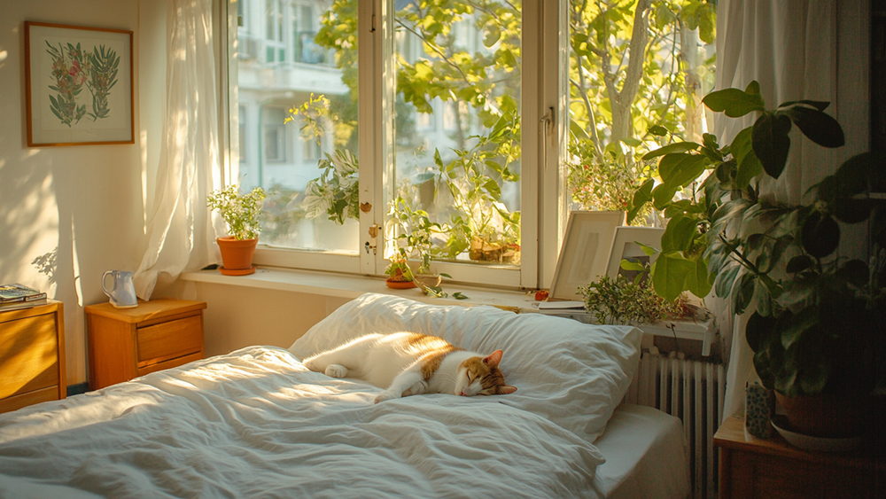 寝室で眠る猫と観葉植物