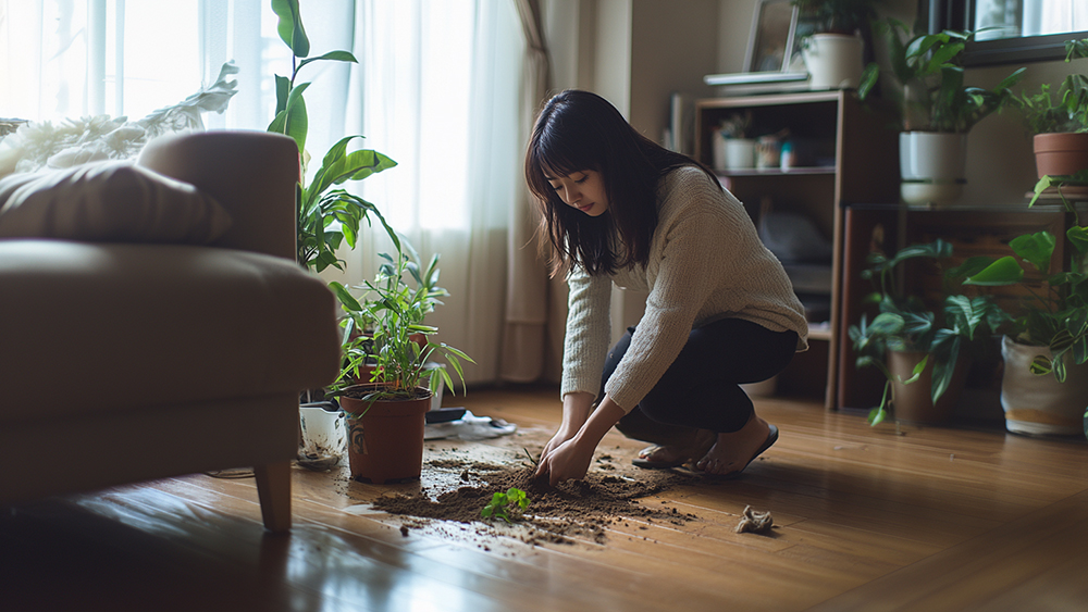 観葉植物が転倒して土で汚れてしまった部屋を片付ける女性