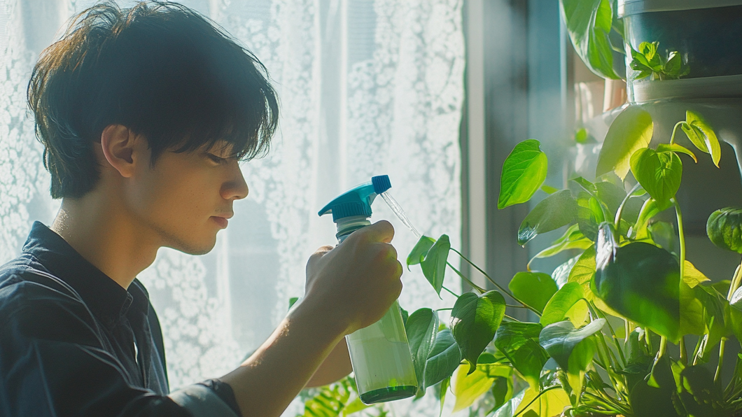 水耕栽培の観葉植物に葉水をしている男性