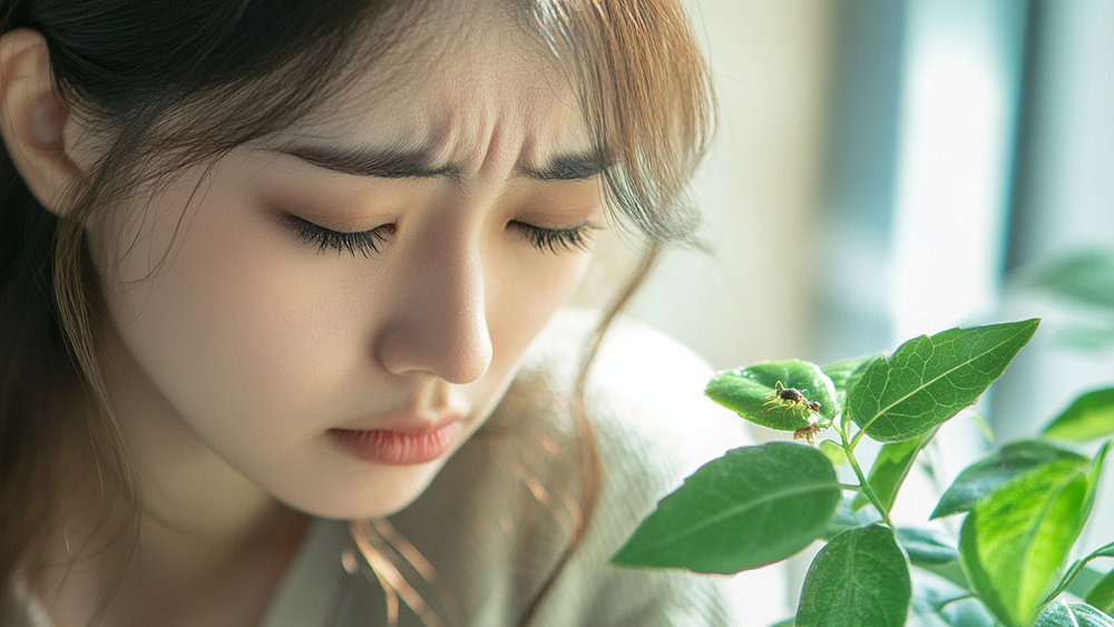 害虫が発生した観葉植物に嫌そうな顔をしている女性