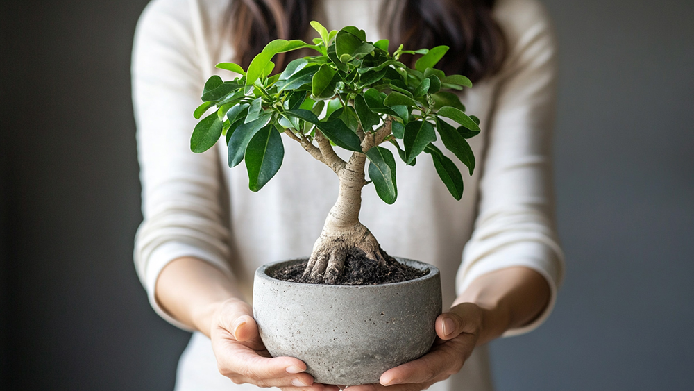 鉢植えのガジュマルを持つ女性