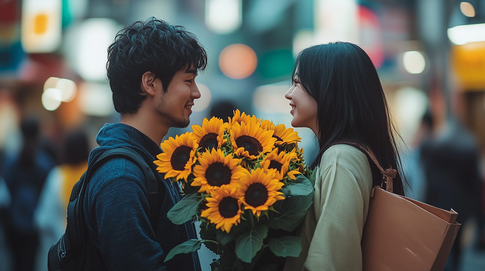 たくさんの向日葵の花束を持ってプロポーズする男性
