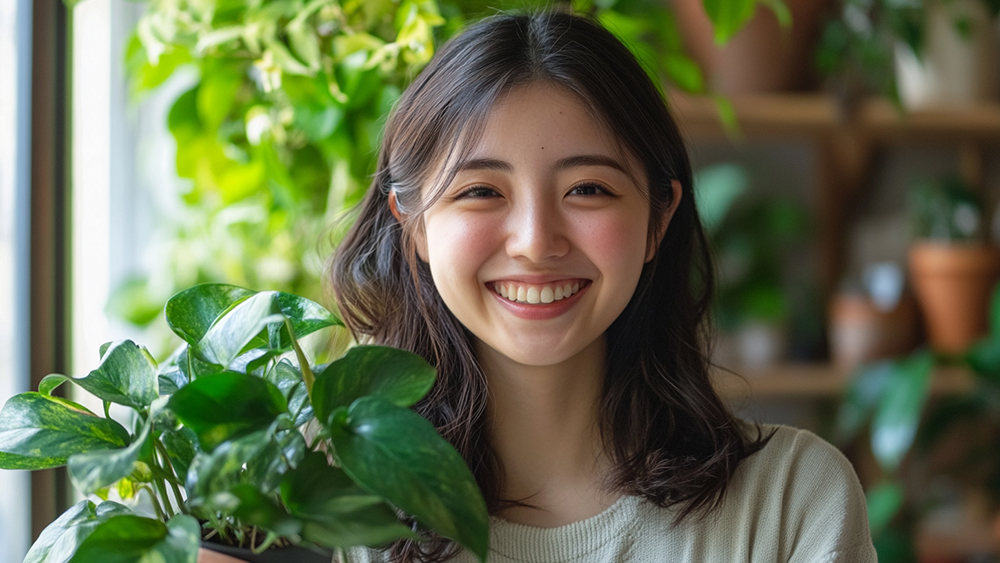 ポトスを持って笑顔の女性 