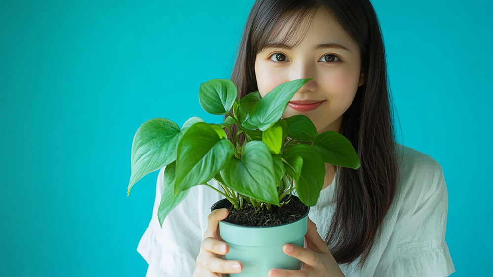 ポトスを持っている女性