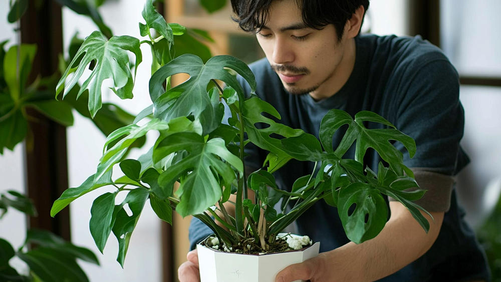 モンステラの挿し穂を作る男性