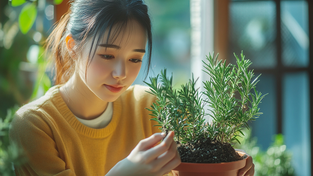 ローズマリーの鉢植えを持っている女性