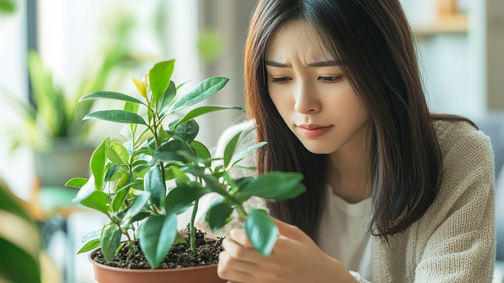 女性が鉢植えの土を触って水やりのタイミングを悩んでいる様子
