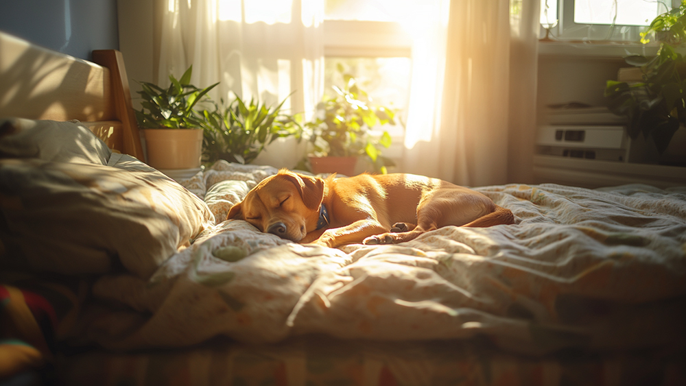 寝室のベッドの上で眠る犬