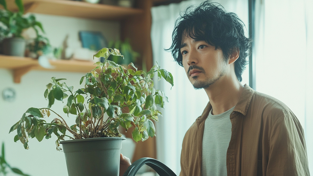 土栽培の観葉植物の水やりを忘れて枯らしてしまった男性