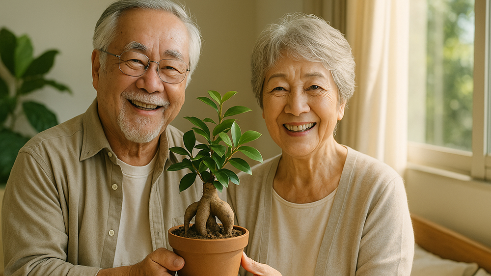 敬老の日にガジュマルをプレゼントしている様子