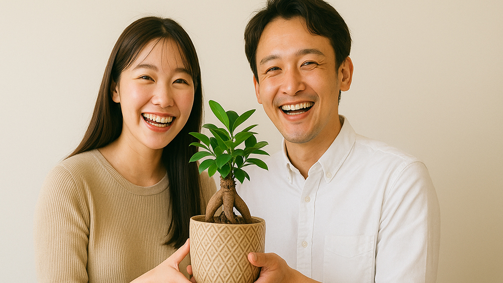 結婚祝いにガジュマルを贈った様子