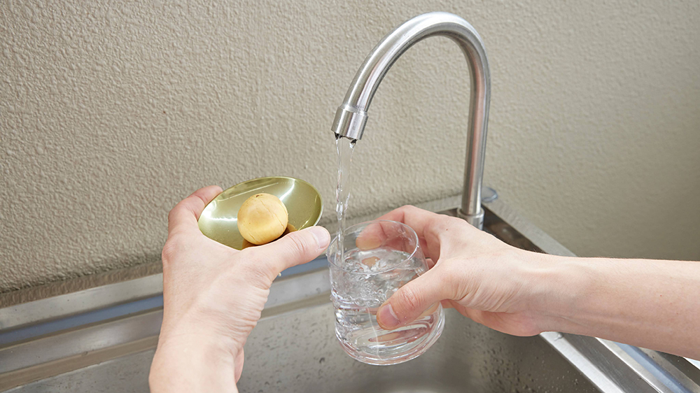 アボカドの種の容器の水を交換している画像