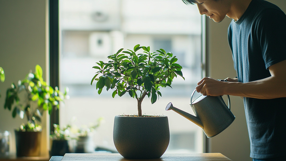 ガジュマルに水やりをしている様子