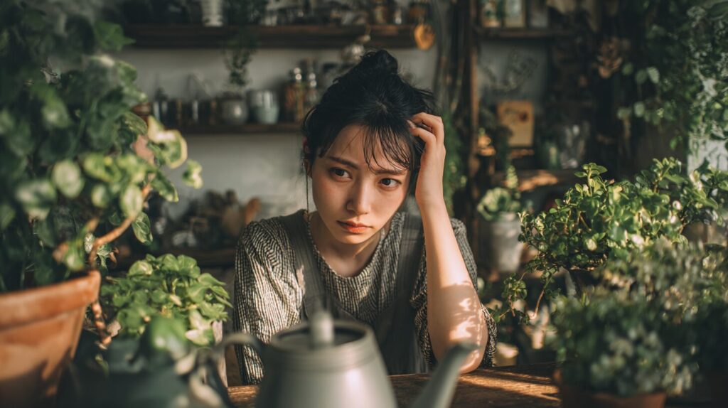 観葉植物の水やりに悩んでいる女性