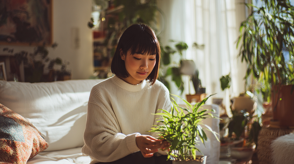 ミリオンバンブーを育てている女性