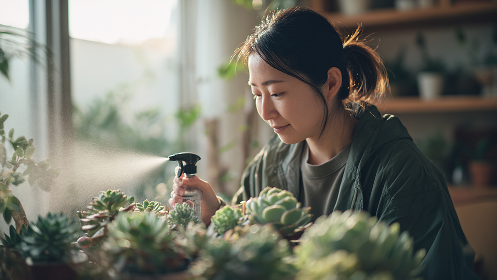 多肉植物に肥料を葉面散布している女性
